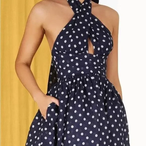 ZIMMERMANN High Tide Linen-Silk Halter Midi Dress Blue Polka Dot - Size: 1